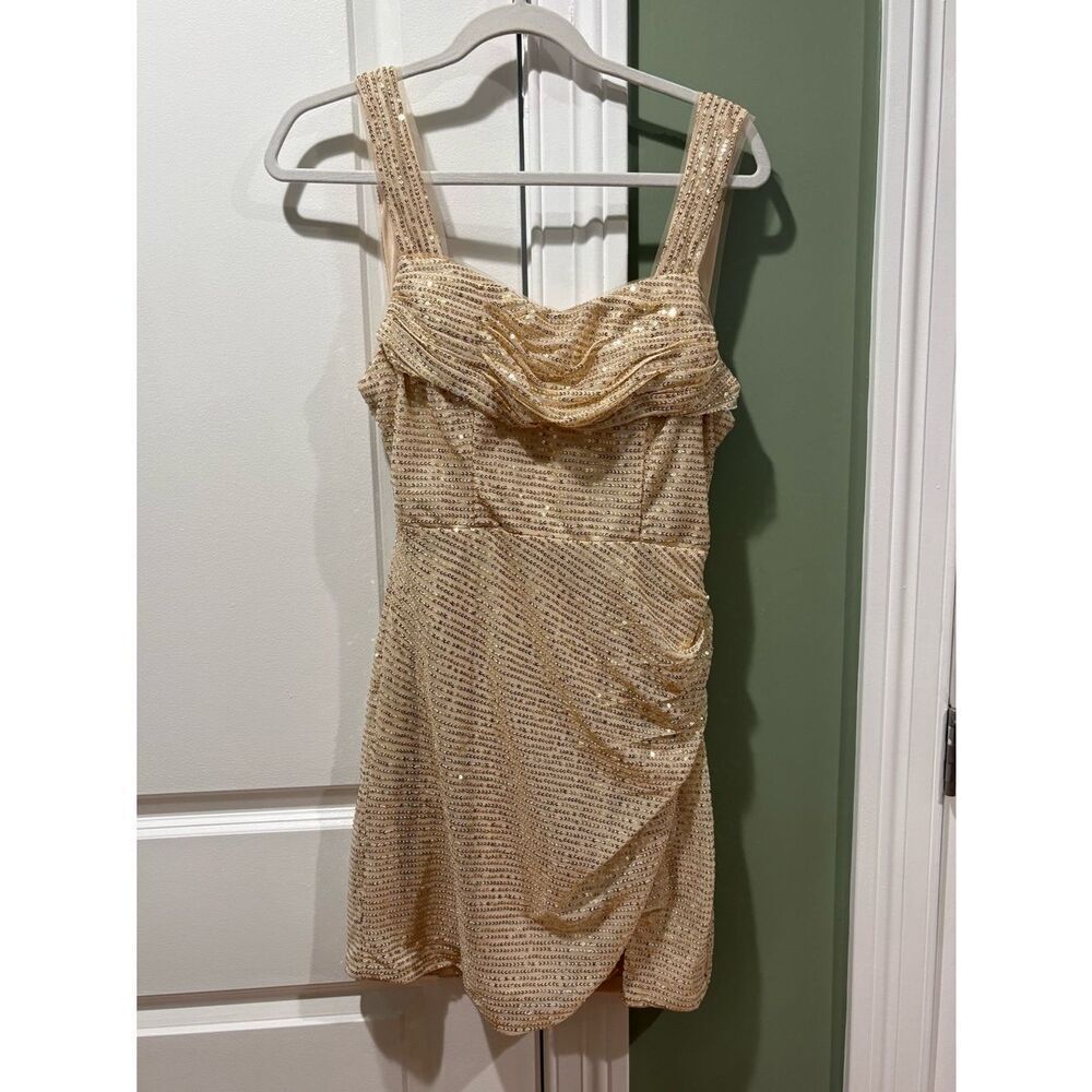 Gold Sequin Mini Dress with Draped Cowl Neck